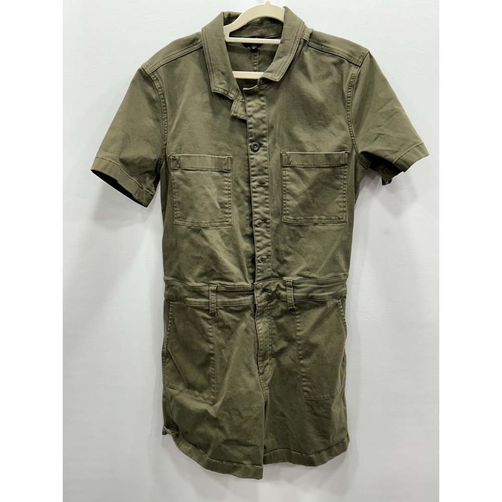 Lucky Brand Romper Womens Medium Green Cotton Utility Short Sleeve Button